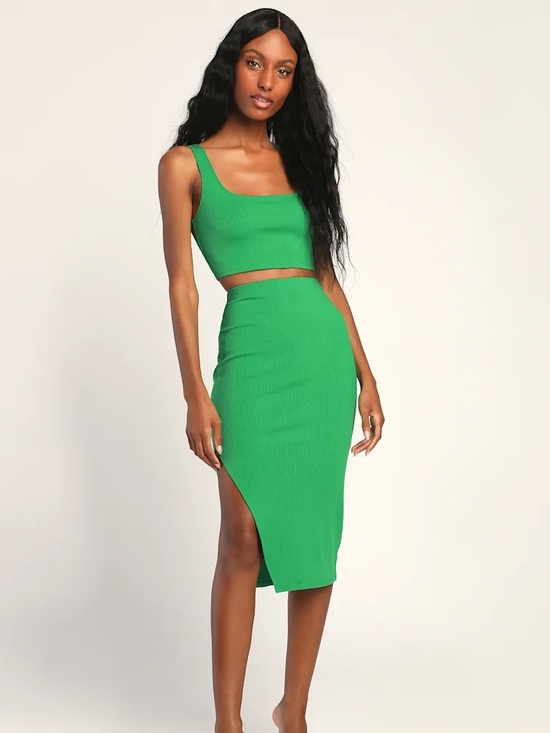 Lulus Dresses & Skirts - Lulu's Bright Green Ribbed Two-Piece Set For Life Green Bodycon dress - medium